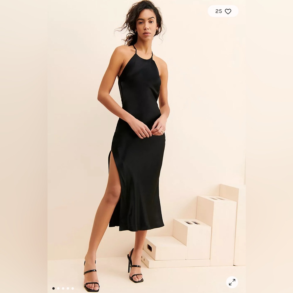 Free People Black Satin Halter Midi Dress with Side Slit